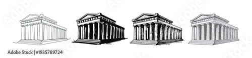 Set of four ancient temple illustrations in different artistic styles, including line art, silhouette, hatching, and stippling, showcasing classical Greek architecture
