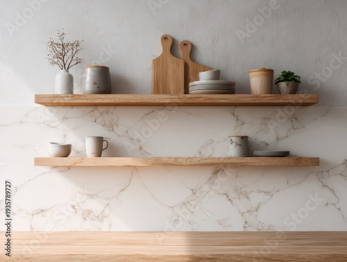 Minimalist wooden shelves hold simple kitchen items. Warm tones contrast with cool marble wall behind. Plates, mugs, and small plants add cozy charm. Natural wood texture brings organic, rustic feel