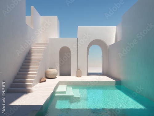 Minimalist white architecture surrounds tranquil pool. Stairs ascend beside a stone basin. Arched openings frame serene blue sky. Water reflects soft, sunlit hues