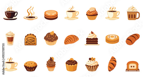  Assorted bakery and coffee items, including muffins, croissants, cakes, and cups of coffee, isolated on transparent background