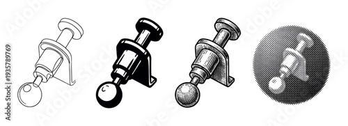 Set of four ball joint mount illustrations in various graphic styles including simple line art, a solid black silhouette, detailed engraving, and a retro halftone effect