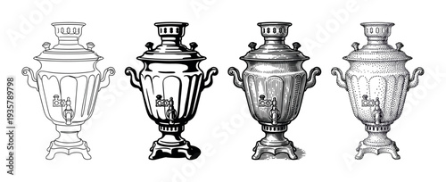 Four vintage samovar illustrations presented in a collection of artistic styles, from simple outline and silhouette to detailed engraving and classic stippling techniques