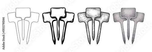 Four sets of blank garden plant markers are shown in different artistic styles, including line art, bold ink, engraving, and halftone dot patterns for horticultural labeling