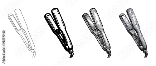 Four hair straightener flat iron illustrations presented in a collection of different artistic styles, from simple line art and solid black to detailed engraving and stippling
