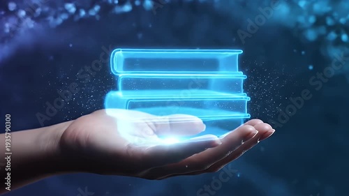 Digital Books in Hand - Futuristic Technology Concept.