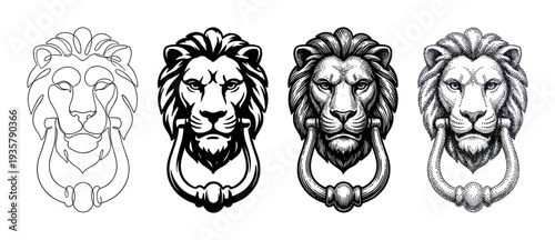 Lion head door knocker illustration set in four different graphic styles including line art, stencil, engraving, and stippling for a classic, majestic look