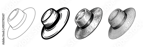 Set of four boater hat illustrations showing different artistic styles from simple outline and graphic to detailed engraving and stippling techniques in a monochrome design