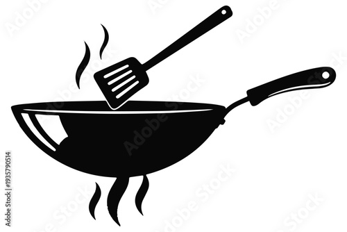 A black and white illustration of a hot wok with a spatula resting on top.