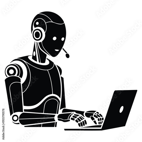 Operating computer advanced android worker in black silhouette for remote digital tasks and assistance suitable for artificial intelligence automation and tech support themes