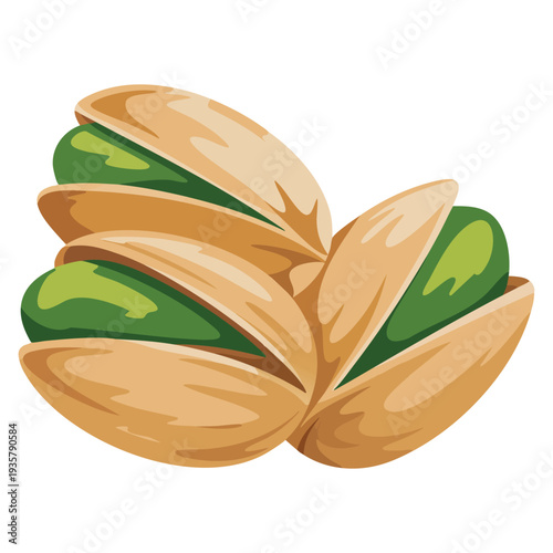 Food pistachio illustration in flat minimalism style showing pistachio nuts in the shell with leaves, vector product walnut pistachio icon concept
