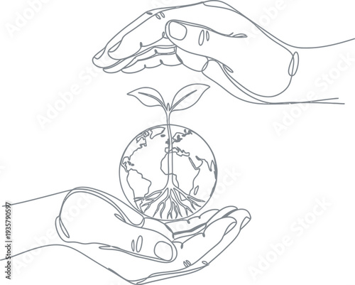 A seedling emerging from a seed in a person's hand with a mushroom growing above