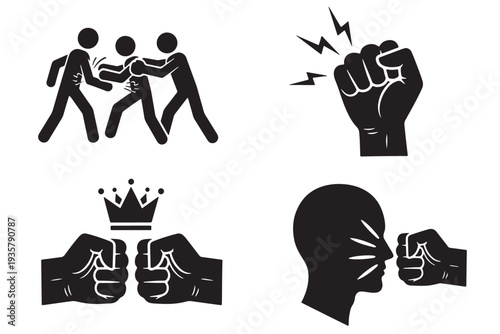 A set of black and white icons depicting conflict and aggression with fists and fighting.