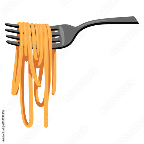 Fork with spaghetti noodle roll Italian pasta silhouette on white background detailed food illustration