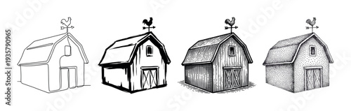 Set of four barn illustrations in different artistic styles including continuous line, ink brush, classic engraving, and stippling dotwork, each with a rooster weathervane