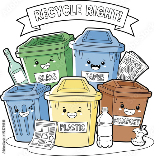 Recycling bins with smiling faces encourage proper waste sorting in wqe setting.