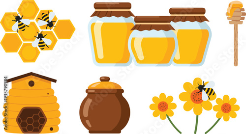 Honey production set with bees honeycomb jars beehive and flowers