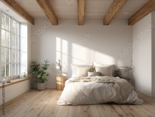 Cozy bed sits in bright, minimalist bedroom. Natural light fills space through large window. Exposed wooden beams add rustic charm. Soft bedding and plants create calm atmosphere