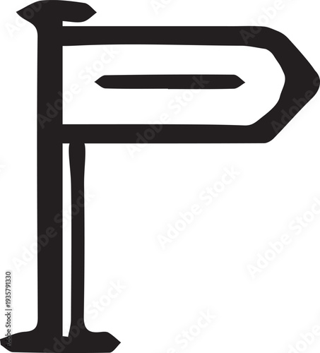 A stylized black signpost resembling a flag points to a specific direction or destination.