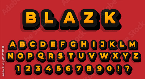 Blazk Bold Font - Black 3D Alphabet with Orange Outline on Red Background