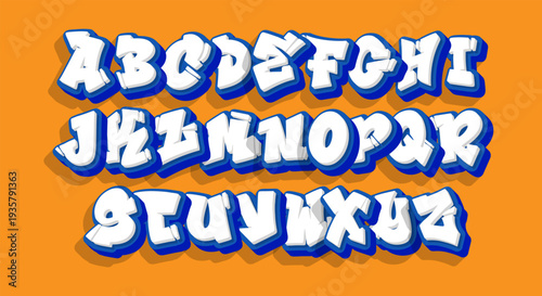 Graffiti Bubble Font - White Alphabet with Blue Outline on Orange Background