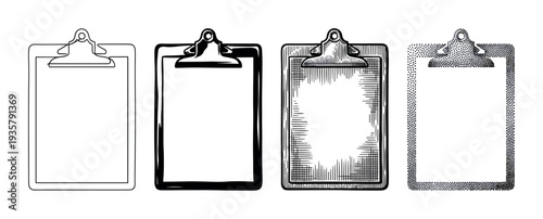 Set of four black clipboards illustrated in various artistic styles including line art, bold ink, vintage engraving, and stippling, presented as a collection of blank templates