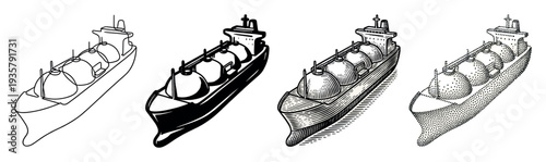 Gas carrier ship illustrations in a set of four different graphic styles including minimalist line art, solid silhouette, retro woodcut engraving, and stipple dotwork