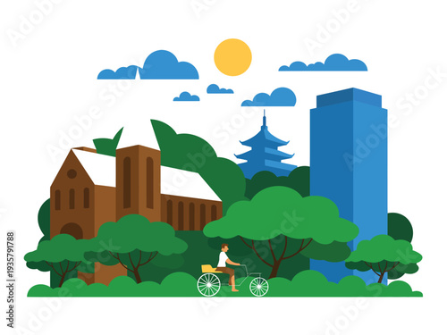 Green city skyline with cyclist enjoying a sunny day amidst trees and buildings