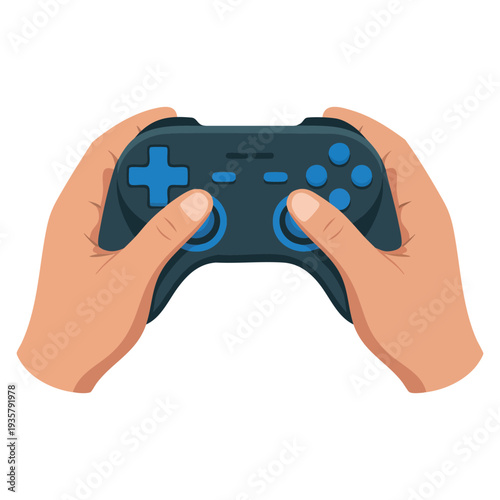 Gaming scene with hands holding a game controller playing a video game, perfect for esports competition, streaming and digital entertainment visuals
