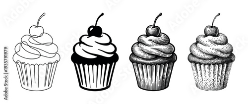 Four black and white cupcake illustrations showing different artistic styles including one line drawing, silhouette, vintage engraving, and stippling with a cherry on top