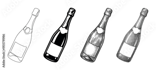 Four champagne bottle illustrations in different artistic styles including line art, silhouette, engraving, and stippling, presented as a collection of graphic design elements