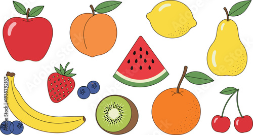 Colorful Fresh Fruit Icon Set Featuring Apple, Banana, Strawberry, Blueberry, Kiwi, Watermelon, Orange, Lemon, Pear and Cherry for Healthy Food Design