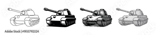 Set of four military tank illustrations showcasing different artistic techniques including simple outline, bold silhouette, detailed engraving, and classic stippling