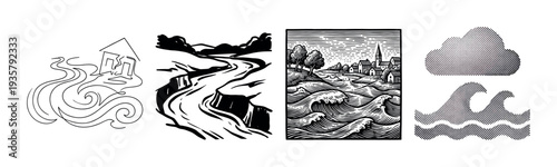 Set of black and white illustrations depicting natural disasters like floods and earthquakes in various artistic styles, including detailed woodcut, simple line art, and modern halftone icons