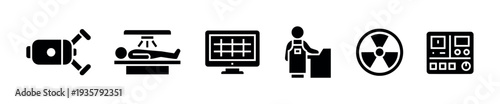 Set of black glyph icons for medical radiology and oncology treatment including a scanner, patient, monitor, technician, radiation symbol, and control panel