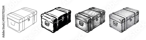 Four antique wooden treasure chest illustrations presented in a sequence of graphic styles from simple line art and ink silhouette to detailed engraving and stippling