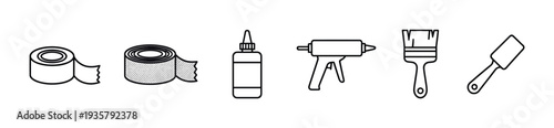 Set of black line art icons showing craft and repair tools like tape, glue, a hot glue gun, a paintbrush, and a scraper in a minimalist graphic illustration