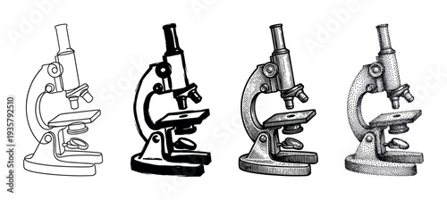 Set of four microscope illustrations in various hand-drawn styles like line art, engraving, stippling, and ink wash for science and education concepts