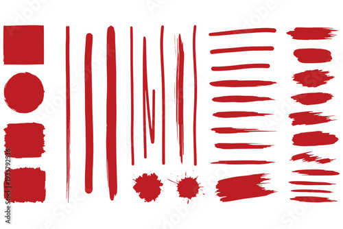 A collection of various red paint strokes and shapes on a white background