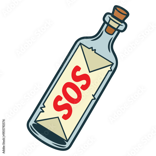Glass bottle with sos message drifting on water representing call for help and rescue concept design
