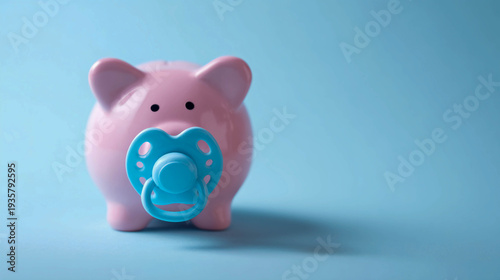Close-up of a pink piggy bank and a blue baby pacifier on a blue background, a minimalist conceptual image of financial planning, savings, and a family budget for a child.