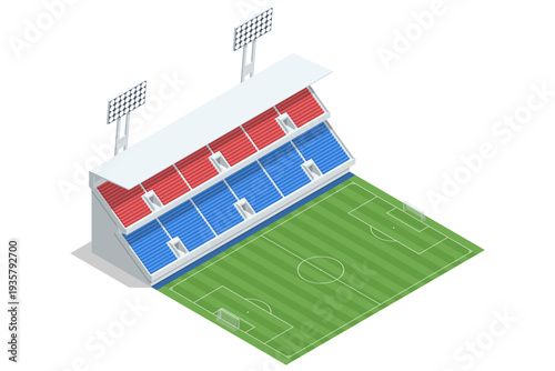 Isometric football stadium arena with green soccer field, tribune seat and sport infrastructure. Large arena prepared for professional championship match. Sport architecture and fan event location.