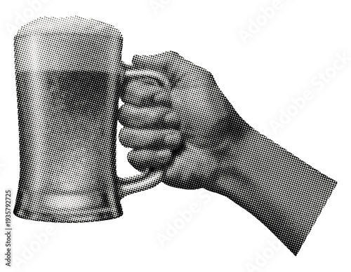 hand holding beer mug isolated halftone dots texture cut-out retro collage element for mixed media vintage pubs brewing pop art design