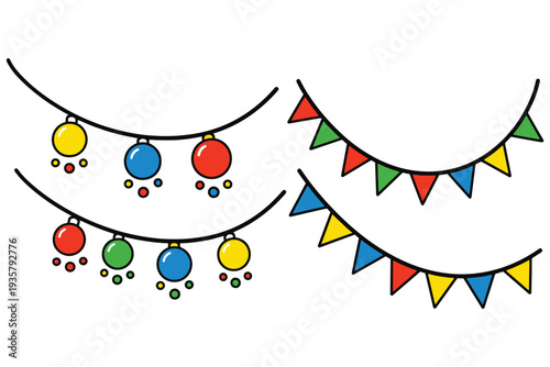 A colorful illustration of festive party garlands with balloons and flags on a white background