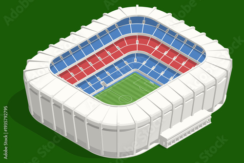 Isometric football stadium arena with green soccer field, tribune seat and sport infrastructure. Large arena prepared for professional championship match. Sport architecture and fan event location.