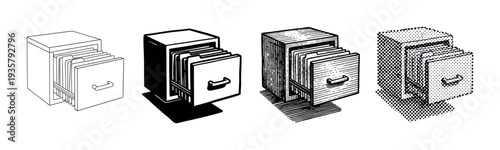 Set of four filing cabinet illustrations in different artistic styles including line art, solid black, engraving, and halftone dot patterns for office and data concepts