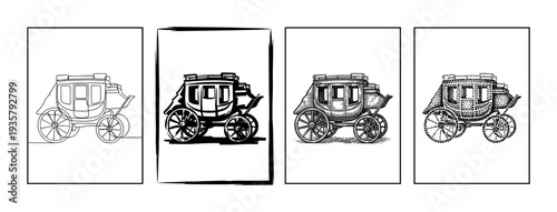 Set of four vintage carriage illustrations showing different artistic styles including line art, brushstroke, engraving, and pointillism in a black and white graphic collection