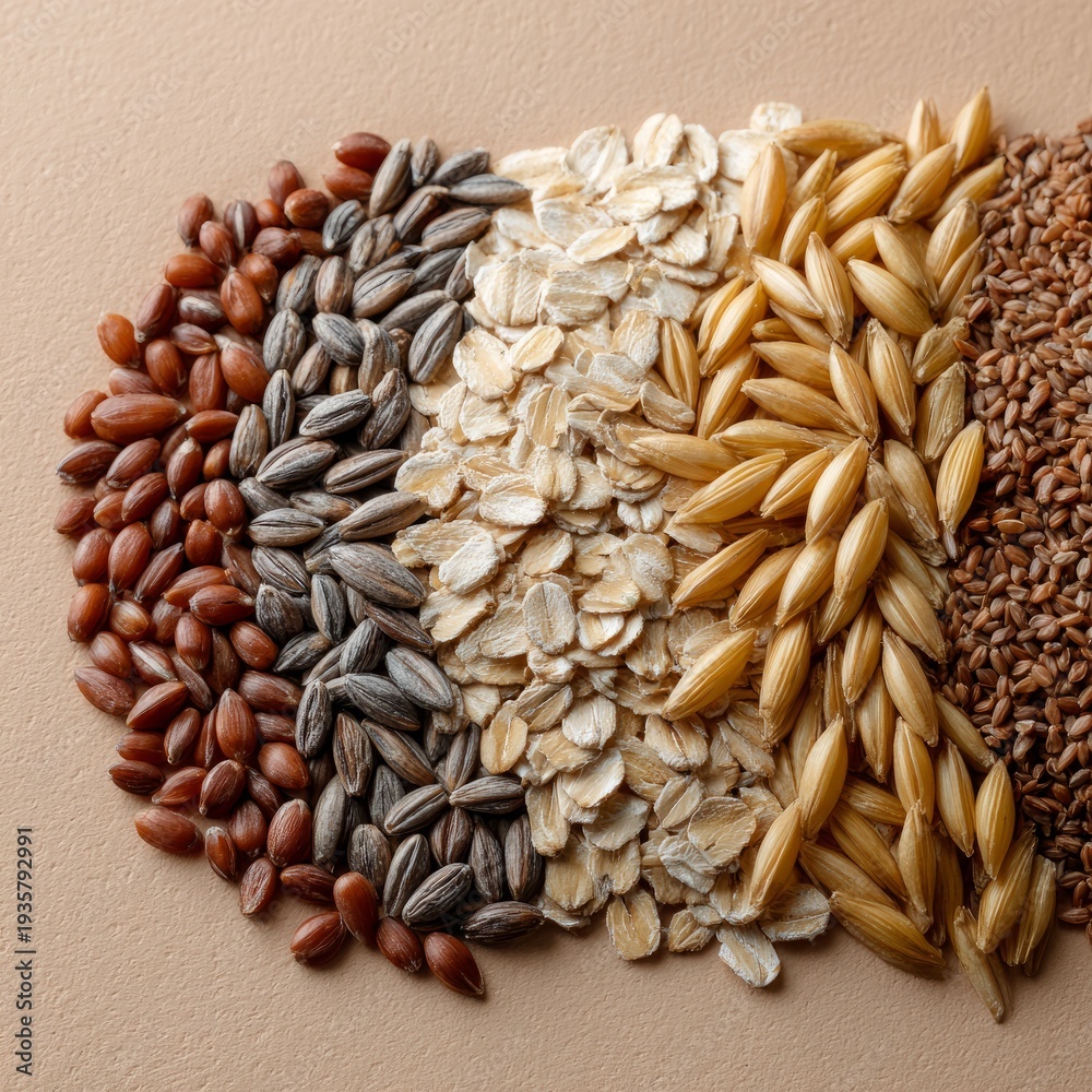 Obraz premium Assorted grains and seeds arranged in gradient pattern on neutral background