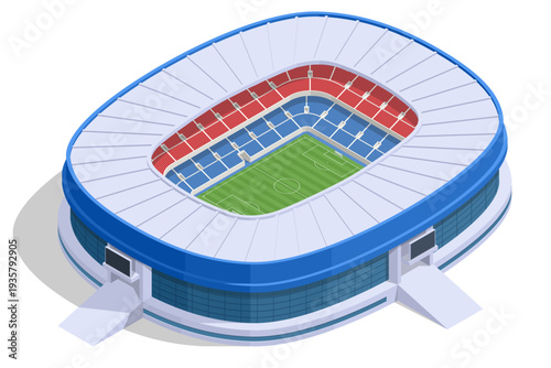Isometric football stadium arena with green soccer field, tribune seat and sport infrastructure. Large arena prepared for professional championship match. Sport architecture and fan event location.