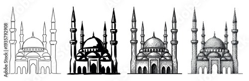 Set of four black mosque illustrations in different artistic styles including continuous line, brush stroke, engraving, and stippling, showing creative architectural drawing techniques