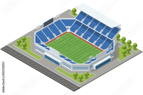 Isometric football stadium arena with green soccer field, tribune seat and sport infrastructure. Large arena prepared for professional championship match. Sport architecture and fan event location.